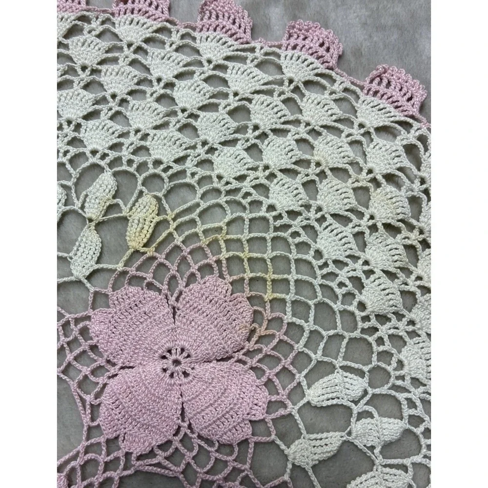 Vintage Doily Centerpiece White Pink Floral Handmade Crochet Romantic 18